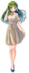 Rule 34 | 1girl, :p, absurdres, alternate costume, blue eyes, blush, dress, frog hair ornament, full body, green eyes, green hair, hair ornament, hair tubes, hand in own hair, highres, kochiya sanae, long hair, looking to the side, matching hair/eyes, ribbon, sash, short sleeves, simple background, skirt hold, smile, snake hair ornament, solo, tongue, tongue out, touhou, uemura shun, white background