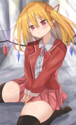 Rule 34 | 1girl, absurdres, black thighhighs, blonde hair, closed mouth, commentary request, crystal, daru (kumakumadon), flandre scarlet, highres, jacket, light rays, long sleeves, looking at viewer, one side up, pointy ears, red eyes, red jacket, red skirt, shirt, sitting, skirt, solo, thighhighs, touhou, white shirt, wings