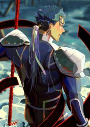 Rule 34 | 1boy, armor, beads, blood, blood from mouth, blue bodysuit, blue hair, bodysuit, cu chulainn (fate), cu chulainn (fate/stay night), earrings, fate/stay night, fate (series), floating hair, from behind, gae bolg (fate), hair beads, hair ornament, holding, holding polearm, holding weapon, jewelry, lacu lain, long hair, looking back, male focus, muscular, muscular male, pauldrons, polearm, ponytail, red eyes, shoulder armor, solo, spiked hair, weapon