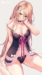 Rule 34 | 1girl, absurdres, babydoll, bare arms, bare legs, barefoot, black babydoll, black panties, blonde hair, braid, breasts, choker, cleavage, commentary request, ear piercing, earrings, hair ornament, hairclip, highres, jewelry, kurebayashi noe, large breasts, lingerie, long hair, looking at viewer, navel, navel piercing, off shoulder, original, panties, piercing, red eyes, simple background, sitting, solo, spaghetti strap, thighs, underwear, underwear only, wariza