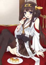 Rule 34 | 10s, 1girl, ahoge, bad id, bad pixiv id, black thighhighs, blush, boots, brown hair, brown skirt, couch, double bun, food, hair bun, headgear, kantai collection, kongou (kancolle), long hair, nontraditional miko, open mouth, personification, plate, pleated skirt, purple eyes, shijuubanki, sitting, skirt, solo, tassel, thigh boots, thighhighs
