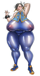 Rule 34 | 1girl, 69 (artist), absurdres, alternate breast size, arm over head, armpits, blush, bodysuit, breasts, capcom, chinese clothes, chun-li, commentary, covered erect nipples, curvy, double bun, english commentary, gigantic breasts, hair bun, highres, huge breasts, lips, plump, see-through, shiny clothes, shoes, street fighter