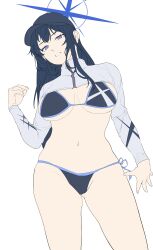 Rule 34 | 1girl, absurdres, alternate costume, baseball cap, bikini, black hair, blue archive, blue eyes, blue halo, breasts, flat color, halo, hat, highres, jacket, joacy, large breasts, navel, saori (blue archive), solo, swimsuit, thighs, twitter, white background, white jacket