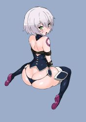 Rule 34 | 1girl, ass, blush, butt crack, fate/apocrypha, fate/grand order, fate (series), green eyes, jack the ripper (fate/apocrypha), looking back, rei (rei rr), solo, thighhighs, thong, white hair