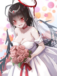 Rule 34 | 1girl, alternate costume, antenna hair, black hair, blood halo, blue archive, blush, bouquet, breasts, closed mouth, crown, dress, fang, flower, halo, highres, holding, holding bouquet, komena (shinyday312), large breasts, long hair, looking at viewer, open mouth, pink flower, red eyes, red halo, skin fang, solo, tsurugi (blue archive), veil, wedding dress, white dress
