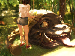 Rule 34 | 1girl, animal, blonde hair, blue eyes, braid, brown hair, claws, creature, denim, denim skirt, face, flower, forest, from behind, grass, hair ornament, hairclip, holding, holding flower, looking at another, monster, nature, nukazuke, outdoors, red footwear, shirt, shoes, size difference, skirt, teeth, tongue, tongue out, tusks, twin braids, twintails, what, white shirt, yellow flower