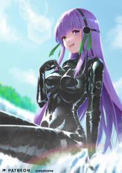 Rule 34 | 1girl, absurdres, black bodysuit, black gloves, blue sky, blush, bodysuit, breasts, covered navel, elbow gloves, fate/grand order, fate (series), giant, giantess, gimp suit, gloves, green ribbon, hair ribbon, heterochromia, highres, kamehito, kingprotea (fate), latex, latex bodysuit, long hair, looking at viewer, medium breasts, o-ring, open mouth, purple eyes, purple hair, ribbon, sky, smile, solo, thighs, very long hair, xochitonal (fate), yellow eyes