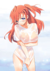 Rule 34 | 10s, 1girl, ano natsu de matteru, bad id, bad pixiv id, blue eyes, blush, breasts, covering privates, covering crotch, female focus, glasses, jiji (aardvark), large breasts, long hair, looking at viewer, naked shirt, nipples, red hair, see-through, shirt, side ponytail, solo, standing, takatsuki ichika, wet, wet clothes, wet shirt