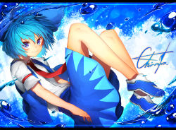 Rule 34 | 1girl, absurdres, blue eyes, blue hair, blue skirt, bow, character name, cirno, closed mouth, collared shirt, from side, hair bow, highres, huge filesize, letterboxed, looking at viewer, looking to the side, lying, medium hair, necktie, niwarhythm, red necktie, sanpaku, shirt, skirt, smile, solo, touhou, white bow, white shirt, wing collar