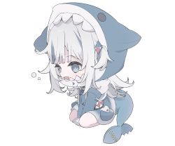 Rule 34 | 1girl, animal hood, blue dress, blue eyes, blue hair, blush, bubble, chibi, commentary, drawstring, dress, fins, fish tail, full body, gawr gura, hair ornament, highres, hocmiya, hololive, hololive english, hood, hood up, kneeling, long hair, multicolored hair, shark girl, shark hair ornament, shark hood, shark tail, simple background, sleeves past fingers, sleeves past wrists, solo, streaked hair, symbol-only commentary, tail, virtual youtuber, white background, white hair