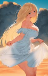 Rule 34 | 1girl, areola slip, backlighting, bare legs, bare shoulders, blonde hair, blue eyes, breasts, cleavage, closed mouth, clothes lift, cloud, collarbone, cumulonimbus cloud, dress, feet out of frame, from side, head tilt, highres, jitome, large breasts, long hair, looking at viewer, original, ryusei hashida, sand, see-through, see-through silhouette, sideboob, signature, skindentation, skirt, skirt lift, sky, solo, strapless, strapless dress, thighs, white dress