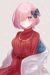 Rule 34 | 1girl, alternate costume, black bow, blush, bow, closed mouth, commentary request, dress, fate/grand order, fate (series), grey background, hair bow, hair over one eye, harukappa, highres, jacket, jewelry, looking at viewer, mash kyrielight, necklace, off shoulder, one eye covered, open clothes, open jacket, pink hair, purple eyes, red dress, short hair, simple background, smile, snow, snowing, solo, twitter username, upper body, white jacket