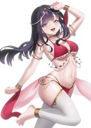 Rule 34 | 1girl, absurdres, aqua eyes, arm up, armlet, aya (lezon), barefoot, black hair, blush, breasts, dancer, gold choker, highres, jewelry, large breasts, long hair, looking at viewer, navel, necklace, open mouth, original, pearl necklace, see-through, simple background, smile, solo, thighhighs, white background, white thighhighs, wristlet