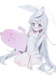 Rule 34 | 1girl, barefoot, blue archive, blue eyes, blush, breasts, cherino (blue archive), cherino (hot spring) (blue archive), fake facial hair, fake mustache, grey hair, halo, haniwa (statue), highres, holding, inflatable toy, long hair, looking at viewer, noyama (prosiuttooishi), one-piece swimsuit, school swimsuit, simple background, sitting, small breasts, solo, swimsuit, very long hair, white background, white one-piece swimsuit