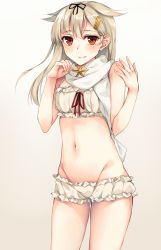 Rule 34 | 10s, 1girl, blonde hair, bra, cinderella bust, frilled bra, frilled panties, frills, groin, hair flaps, hair ornament, hairclip, highres, kantai collection, long hair, panties, red eyes, red hair, rinarisa, scarf, smile, solo, underwear, underwear only, white bra, white panties, yuudachi (kancolle), yuudachi kai ni (kancolle)