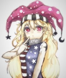 Rule 34 | 1girl, american flag dress, blonde hair, blurry, blush, clownpiece, colorized, gradient background, hat, jester cap, long hair, looking at viewer, neck ruff, open mouth, pointy ears, red eyes, sketch, sleeveless, solo, star-shaped pupils, star (symbol), striped, symbol-shaped pupils, touhou, upper body, yuxyon