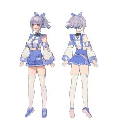 Rule 34 | 1girl, artist request, breasts, collar, commentary request, crop top, detached sleeves, frilled collar, frills, full body, gradient hair, grey hair, hair ribbon, loafers, medium breasts, multicolored hair, multiple views, official alternate costume, official art, open mouth, phantasy star, phantasy star online 2, phantasy star online 2 new genesis, pink eyes, ponytail, popona, ribbon, second-party source, shoes, shorts, simple background, smile, suspenders, thighhighs, turnaround, virtual youtuber, white background