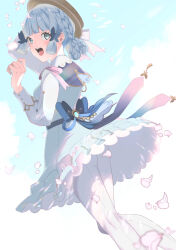 Rule 34 | 1girl, absurdres, arm up, ass, ayaka (genshin impact), back bow, blue bow, blue dress, blue eyes, blue sky, blush, bow, braid, brown hat, butterfly hair ornament, cloud, commentary, cowboy shot, dojou (dojo007), dress, falling petals, frilled dress, frills, genshin impact, hair ornament, hair up, hand on own head, hand up, hat, hat ribbon, highres, kamisato ayaka, kamisato ayaka (springbloom missive), long sleeves, looking at viewer, official alternate costume, official alternate hairstyle, open mouth, pantyhose, petals, ribbon, sky, solo, symbol-only commentary, teeth, vision (genshin impact), white pantyhose, white ribbon