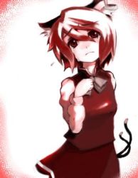 Rule 34 | 1girl, akishuon, animal ears, bad id, bad pixiv id, cat ears, cat girl, cat tail, chen, china dress, chinese clothes, dress, earrings, female focus, hat, inugami akito, jewelry, lowres, ribbon, solo, tail, tears, touhou