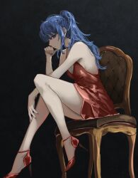 Rule 34 | 1girl, alternate costume, bare legs, bare shoulders, black background, blue eyes, blue hair, blue nails, breasts, chair, closed mouth, commentary, crossed legs, dress, elbow rest, from side, full body, gold bracelet, high heels, highres, hololive, hoshimachi suisei, leaning forward, long hair, looking at viewer, phos (s phos), ponytail, red dress, short dress, sitting, sleeveless, sleeveless dress, small breasts, solo, thighs, virtual youtuber