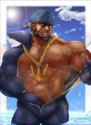 Rule 34 | 1boy, abs, anchor necklace, archie (pokemon), bandana, bara, bare pectorals, beard, black eyes, black hair, blue bandana, blue bodysuit, blush, bodysuit, bulge, chest hair, creatures (company), dark-skinned male, dark skin, diving suit, facial hair, game freak, hand under clothes, jewelry, large pectorals, looking at viewer, male focus, male pubic hair, mature male, muscular, muscular male, mustache, navel, navel hair, necklace, nintendo, nipples, open bodysuit, open clothes, partially submerged, pectorals, penis, pokemon, pokemon oras, pubic hair, pubic hair peek, sansai (sansaka saku), short hair, solo, stomach, sun, sunlight, thighs, tongue, tongue out, unzipped, veins, water, wet, wet clothes, wetsuit
