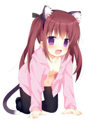 Rule 34 | 1girl, :d, all fours, animal ear fluff, animal ears, black thighhighs, cat ears, cat tail, child, fake animal ears, fang, full body, hood, hoodie, long hair, looking at viewer, meito (maze), naked hoodie, no bra, no panties, open clothes, open mouth, original, purple eyes, red hair, simple background, smile, solo, sweater, tail, thighhighs, twintails