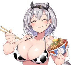 Rule 34 | 1girl, ^ ^, animal print, bikini, bowl, breasts, chinese zodiac, chopsticks, cleavage, closed eyes, collarbone, cow print, eyebrows hidden by hair, fake horns, food, food on face, gyuudon, holding, holding bowl, holding chopsticks, hololive, horns, konboi-eg, large breasts, metal hairband, rice, rice on face, shirogane noel, short hair, silver hair, solo, swimsuit, virtual youtuber, white background, year of the ox