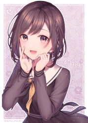 Rule 34 | 1girl, braid, brown eyes, brown hair, dress, hands on own face, hands up, hinata mizuiro, long sleeves, looking at viewer, open mouth, project sekai, shinonome ena, short hair, smile, solo