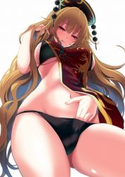 Rule 34 | 1girl, :p, amisu, black bra, black panties, blonde hair, blush, bra, breasts, commentary request, cowboy shot, hand in panties, hand under clothes, hat, junko (touhou), large breasts, long hair, looking at viewer, navel, panties, red eyes, sideboob, smile, solo, tabard, tongue, tongue out, touhou, underboob, underwear, very long hair, white background