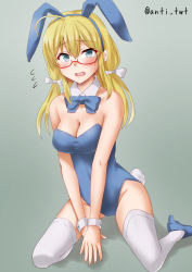 Rule 34 | 1girl, alternate costume, animal ears, anti (untea9), black leotard, blonde hair, blue eyes, blue leotard, bow, bowtie, breasts, cleavage, covered navel, detached collar, embarrassed, fake animal ears, glasses, gradient background, green background, hair between eyes, high heels, highres, i-8 (kancolle), kantai collection, large breasts, leotard, looking at viewer, low twintails, playboy bunny, rabbit ears, rabbit tail, red-framed eyewear, solo, strapless, strapless leotard, tail, thighhighs, traditional bowtie, twintails, twitter username, white thighhighs, wrist cuffs