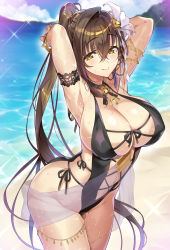 Rule 34 | 1girl, alternate costume, armlet, armpits, arms behind head, ass, bangle, beach, black one-piece swimsuit, blue sky, blush, bracelet, braid, breasts, brown eyes, brown hair, cleavage, closed mouth, cloud, commentary, covered erect nipples, crossed bangs, day, flower, groin, hair flower, hair ornament, half-closed eyes, highres, huge breasts, jewelry, kanpani girls, leaning forward, long hair, mole, mole under eye, neck bell, necklace, ocean, one-piece swimsuit, outdoors, panties, ponytail, sand, see-through, senri gan, shirayuri sakura, sidelocks, single braid, sky, smile, solo, sparkle, swimsuit, tareme, thigh strap, thighs, underwear, wet