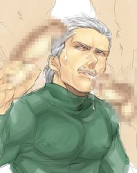 Rule 34 | 3boys, age difference, bara, blush, censored, cum, erection, facial hair, male focus, metal gear (series), metal gear solid, multiple boys, penis, silver hair, sweat, testicles, yaoi