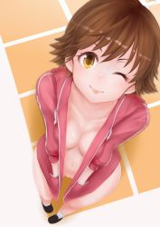 Rule 34 | 10s, 1girl, :p, ;p, bad id, bad pixiv id, breasts, brown eyes, brown hair, cleavage, collarbone, from above, hands in pocket, hands in pockets, highres, honda mio, hood, hooded track jacket, hoodie, idolmaster, idolmaster cinderella girls, jacket, loafers, medium breasts, naked hoodie, navel, one eye closed, perspective, pussy, shoes, short hair, socks, solo, tongue, tongue out, track jacket, yummy yoi