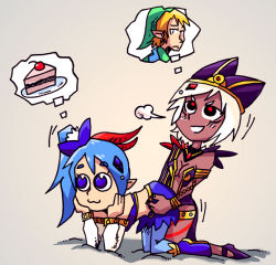 Rule 34 | 1boy, 2girls, :3, blonde hair, blue eyes, blue hair, blush, breasts, breath, cake, cia (hyrule warriors), cleavage, clothed sex, dark skin, doggystyle, dry humping, dual persona, food, futanari, hair ornament, hands on own cheeks, hands on own face, hat, humping, hyrule warriors, implied futanari, lana (hyrule warriors), link, long hair, multiple girls, nail polish, nintendo, open mouth, pantyhose, red eyes, selfcest, setz, sex, sex from behind, short hair, side ponytail, the legend of zelda, thought bubble, white hair, yuri