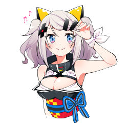 Rule 34 | 1girl, absurdres, animal ears, arm at side, arm up, armpits, bare shoulders, beamed eighth notes, black dress, blue eyes, blue ribbon, blush, breasts, cat ears, cleavage, cleavage cutout, closed mouth, clothing cutout, cropped torso, dress, eighth note, fingernails, hair ornament, hairclip, highres, kaguya luna, kurihara sakura, large breasts, long hair, looking at viewer, musical note, obi, ribbon, sash, sidelocks, silver hair, simple background, sleeveless, sleeveless dress, smile, solo, swept bangs, the moon studio, twintails, upper body, virtual youtuber, white background