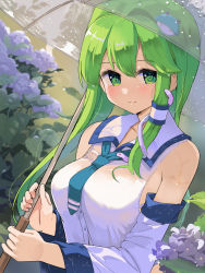 Rule 34 | 1girl, bare shoulders, blush, breasts, closed mouth, detached sleeves, flower, frog hair ornament, green eyes, green hair, hair between eyes, hair ornament, highres, holding, holding umbrella, japanese clothes, kochiya sanae, large breasts, long hair, nontraditional miko, purple flower, puuakachan, revision, smile, snake hair ornament, solo, touhou, transparent, transparent umbrella, umbrella, upper body, wet, wet clothes, white sleeves, wide sleeves