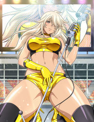 Rule 34 | 1girl, alternate costume, asymmetrical gloves, bandeau, black footwear, boots, breasts, brown eyes, closed mouth, collarbone, elbow gloves, gloves, groin, hair over one eye, high heel boots, high heels, holding, holding microphone stand, ikkitousen, kneeling, large breasts, leaning back, long hair, micro shorts, microphone stand, musashibou benkei (ikkitousen), navel, outdoors, shorts, skin tight, solo, stadium, straight hair, thigh boots, two-tone footwear, white hair, yellow bandeau, yellow footwear, yellow gloves, yellow shorts