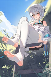 Rule 34 | 1girl, absurdres, aqua nails, blue sky, blush, choker, commentary request, day, feet, hat, highres, jacket, looking at viewer, medium hair, off-shoulder jacket, off shoulder, original, outdoors, peaked cap, plant, shirt, sitting, sky, solo, thighhighs, toes, tree, white choker, white hair, white hat, white jacket, white shirt, white thighhighs, xiao lin jiu, yellow eyes