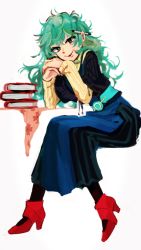 Rule 34 | 10s, 1girl, artist request, blue skirt, book, chair, desk, eto (tokyo ghoul), full body, green eyes, green hair, high heels, long hair, long skirt, long sleeves, matching hair/eyes, object behind ear, open mouth, own hands together, pantyhose, pen, pen behind ear, red footwear, shoes, simple background, sitting, skirt, smile, solo, tokyo ghoul, white background