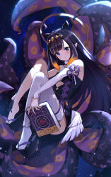 Rule 34 | 1girl, ao-chan (ninomae ina&#039;nis), black hair, blush, book, closed mouth, detached sleeves, halo, highres, holding, holding book, hololive, hololive english, kakutasu, long hair, ninomae ina&#039;nis, ninomae ina&#039;nis (1st costume), platform clogs, pointy ears, single thighhigh, smile, solo, tabi, tentacles, thighhighs, virtual youtuber, white sleeves, white thighhighs, wings