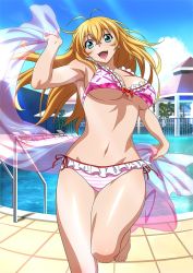 Rule 34 | 00s, 1girl, antenna hair, bikini, breasts, cleavage, day, female focus, frilled bikini, frills, hair between eyes, head tilt, ikkitousen, large breasts, long hair, looking at viewer, outdoors, smile, solo, sonsaku hakufu, standing, standing on one leg, striped bikini, striped clothes, swimsuit, very long hair