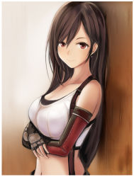 Rule 34 | 1girl, against wall, bare shoulders, black gloves, black hair, breasts, cleavage, closed mouth, collarbone, crop top, earrings, elbow gloves, final fantasy, final fantasy vii, final fantasy vii remake, fingerless gloves, gloves, hair between eyes, jewelry, large breasts, long hair, looking at viewer, midriff, nannacy7, navel, red eyes, shirt, sidelocks, sleeveless, sleeveless shirt, smile, solo, stomach, suspenders, tank top, tifa lockhart, undershirt, upper body, white shirt