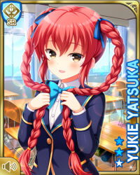 Rule 34 | 1girl, :d, blazer, blue bow, blue jacket, book, bow, bowtie, braid, breasts, brown eyes, card (medium), classroom, day, desk, girlfriend (kari), hair ornament, hair ribbon, hair tie, holding, holding own hair, indoors, jacket, long hair, looking at viewer, official art, open mouth, plaid, plaid skirt, qp:flapper, red hair, ribbon, school desk, school uniform, shirt, shy, skirt, smile, solo, standing, sweater, sweater vest, twin braids, twintails, white shirt, yatsuka yukie, yellow sweater