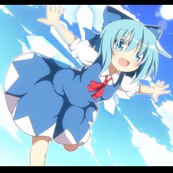 Rule 34 | 1girl, blue dress, blue eyes, blue hair, blue sky, blush, bow, cirno, cloud, day, do (4-rt), dress, female focus, hair bow, ice, ice wings, letterboxed, matching hair/eyes, open mouth, outstretched arms, shirt, short sleeves, sky, smile, solo, sun, touhou, wings