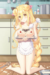 Rule 34 | 1girl, absurdly long hair, apron, blonde hair, blush, breasts, cream, date a live, food, fruit, highres, holding, holding tray, hoshimiya mukuro, kitchen, kneeling, large breasts, long hair, looking at viewer, naked apron, smile, solo, strawberry, suggestive fluid, tray, tsubasaki, very long hair, white apron, yellow eyes