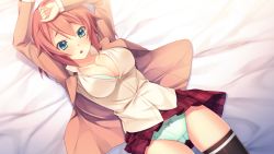Rule 34 | 1girl, arms up, bed, black thighhighs, blue eyes, bra, breasts, brown hair, cameltoe, cleavage, clothes lift, collarbone, eyebrows, game cg, green bra, green panties, innocent bullet, kanzaki sayaka (innocent bullet), large breasts, looking at viewer, lying, on back, oosaki shin&#039;ya, open clothes, open shirt, panties, red skirt, shirt, short hair, skirt, skirt lift, solo, thighhighs, underwear