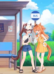Rule 34 | 2girls, absurdres, alternate costume, animal ears, arm behind back, bag, baseball cap, bench, blue eyes, blue shorts, bow, brown hair, bus stop, bus stop sign, bush, casual, cloud, day, ear bow, ears through headwear, fanny pack, flat chest, food, hat, hedge, highres, holding, holding map, horse ears, horse girl, horse tail, long hair, map, mayano top gun (umamusume), multiple girls, open mouth, orange hair, outdoors, ponytail, popsicle, rio (rio 067), sandals, shirt, shirt tucked in, shorts, shoulder bag, smile, standing, tail, toes, tokai teio (umamusume), twitter username, two side up, umamusume, white headwear, white shirt
