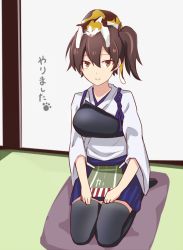 Rule 34 | 10s, 1girl, animal, animal on head, black thighhighs, brown eyes, brown hair, calico, cat, cat on head, coco3186, kaga (kancolle), kantai collection, long hair, muneate, on head, school uniform, serafuku, side ponytail, skirt, smile, solo, thighhighs, translation request