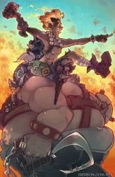 Rule 34 | 2boys, amputee, blonde hair, bomb, chain, commentary, dark-skinned male, dark skin, dirty, explosive, fat, fat man, flaming hair, gas mask, grapnel, highres, junkrat (overwatch), male focus, mask, mechanical arms, mechanical legs, multiple boys, overwatch, overwatch 1, peg leg, roadhog (overwatch), rtil, silver hair, single mechanical arm, single mechanical leg, sitting on shoulder, spiked hair, thick eyebrows, tongue, tongue out