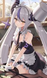 Rule 34 | 1girl, ahoge, alternate costume, apron, armband, bare shoulders, black armband, black dress, blush, braid, breasts, brown thighhighs, bucket, cleavage, closed mouth, demon girl, demon horns, dress, gloves, grey hair, hair between eyes, half gloves, highres, hololive, horns, indoors, la+ darknesss, lace thighhighs, long hair, looking at viewer, maid, maid apron, maid headdress, multicolored hair, purple hair, sidelocks, sitting, sleeveless, small breasts, solo, streaked hair, thighhighs, thomas 8000, twintails, very long hair, virtual youtuber, wariza, wet, wet clothes, white apron, white gloves, white wristband, window, yellow eyes, zettai ryouiki